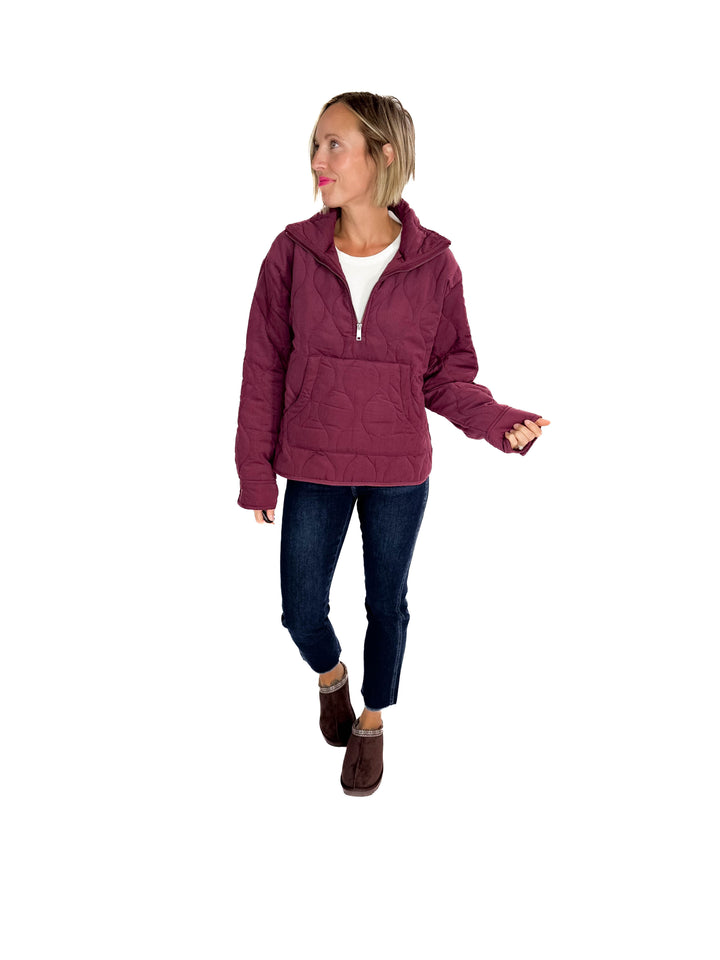 Elmwood Quilted  1/4 Zip Jacket- DARK CHERRY