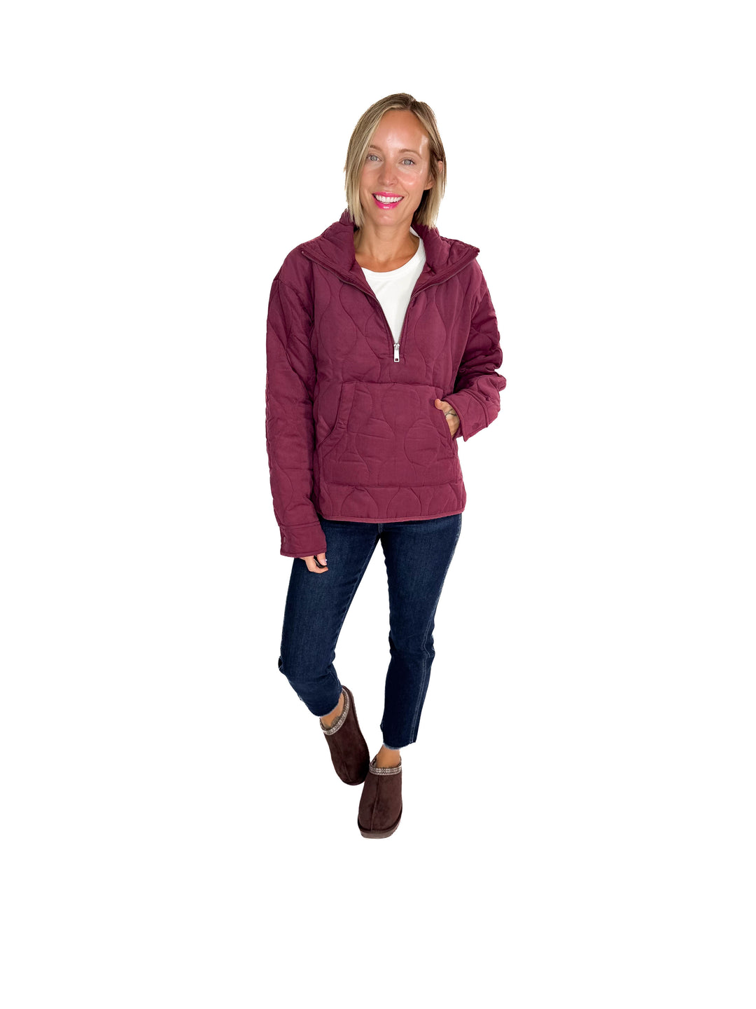 Elmwood Quilted  1/4 Zip Jacket- DARK CHERRY