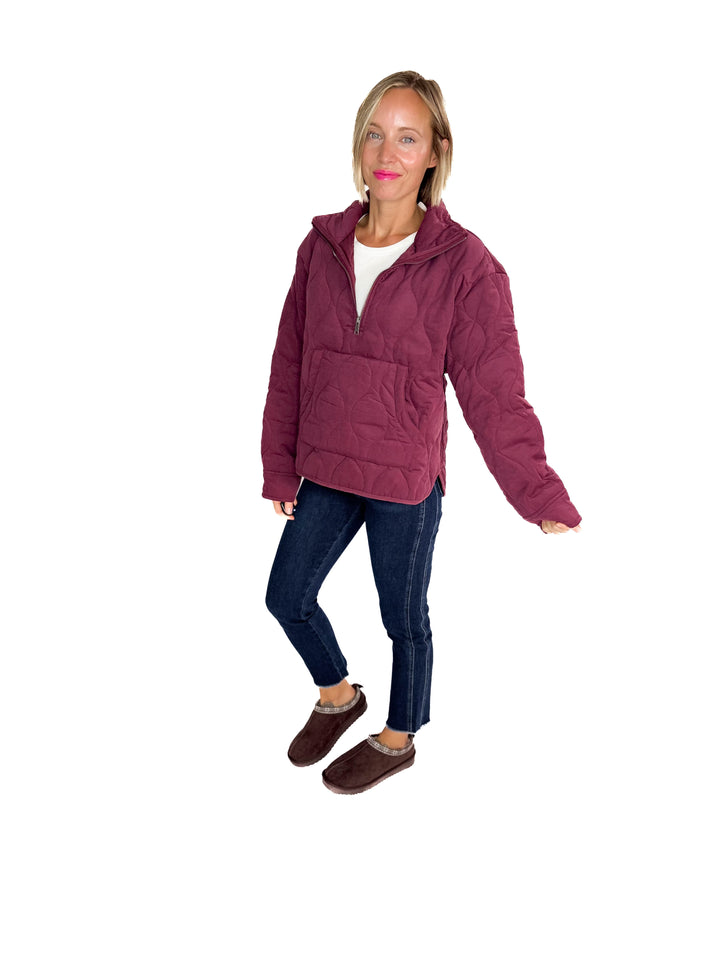 Elmwood Quilted  1/4 Zip Jacket- DARK CHERRY