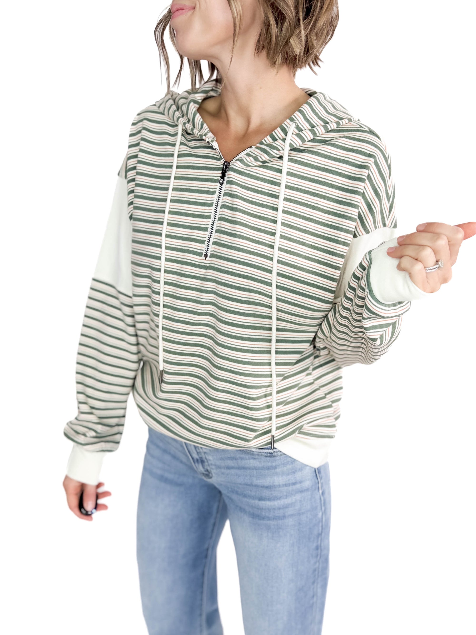 Sarah Soft Waffle Quarter Zip Hoodie- GREEN SMOKE