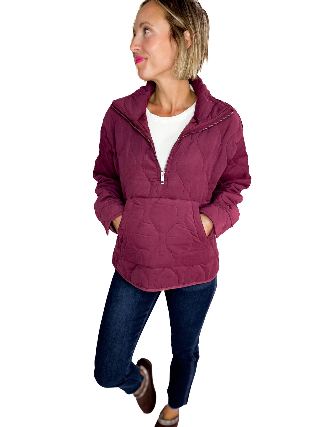 Elmwood Quilted  1/4 Zip Jacket- DARK CHERRY