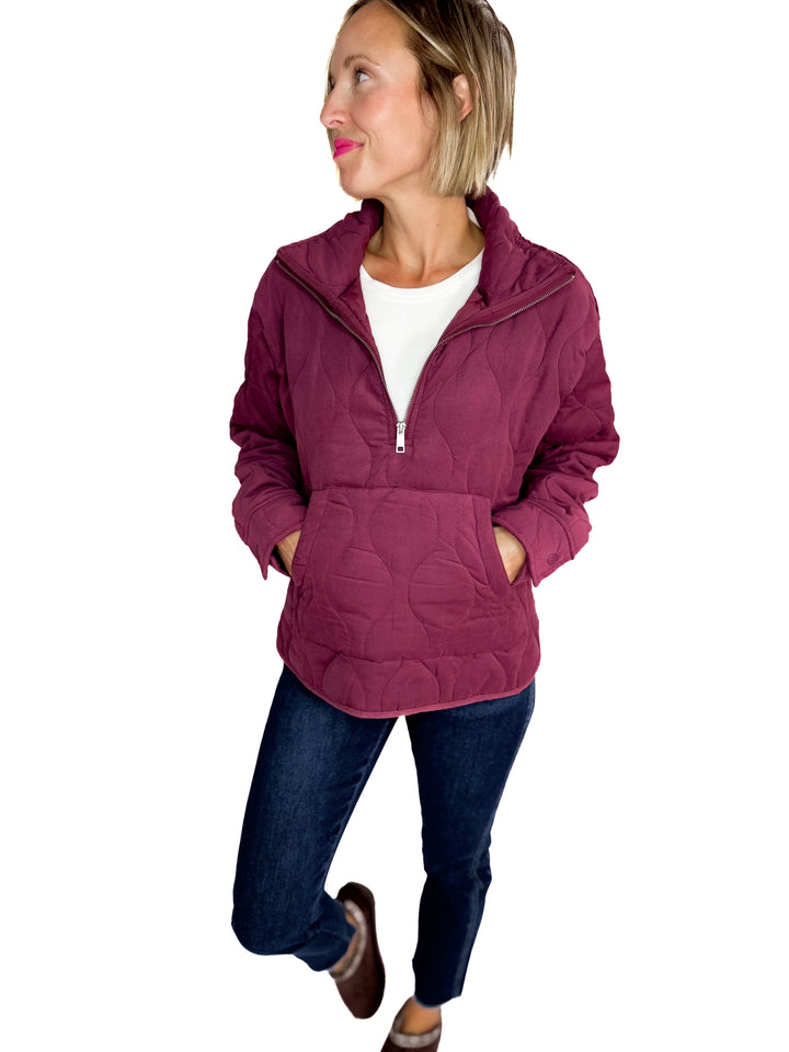 Elmwood Quilted  1/4 Zip Jacket- DARK CHERRY