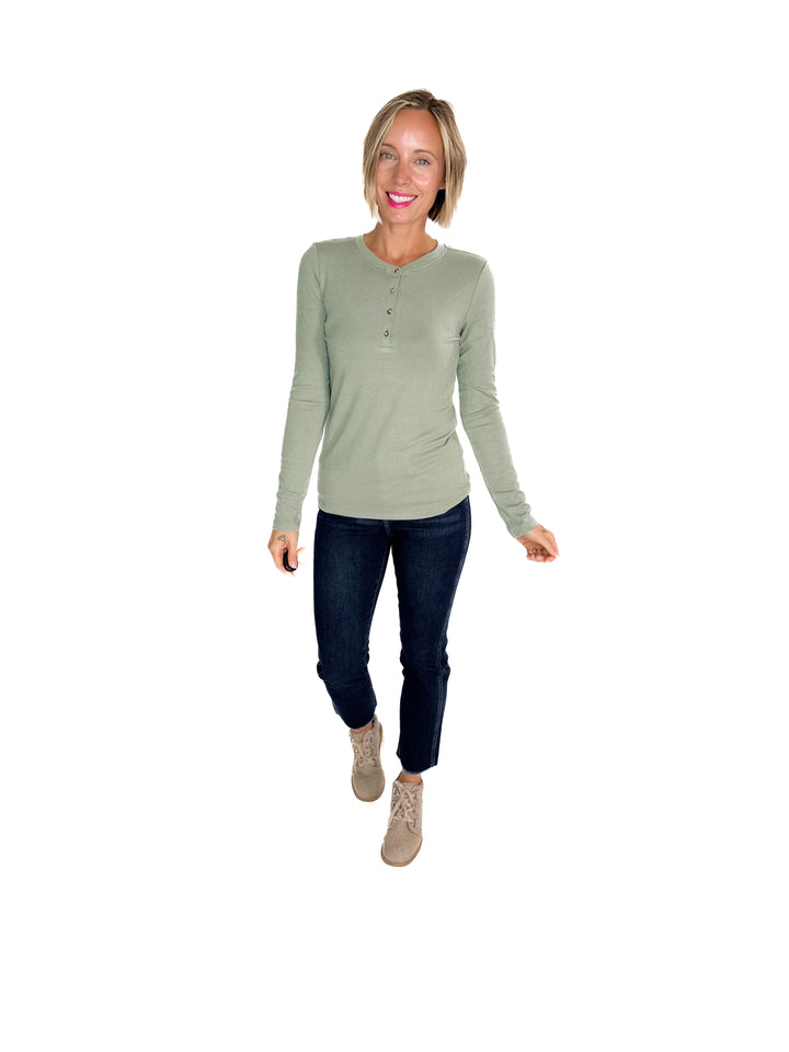 Reign Ultra Soft Basic Long Sleeve Henley- SOFT SAGE
