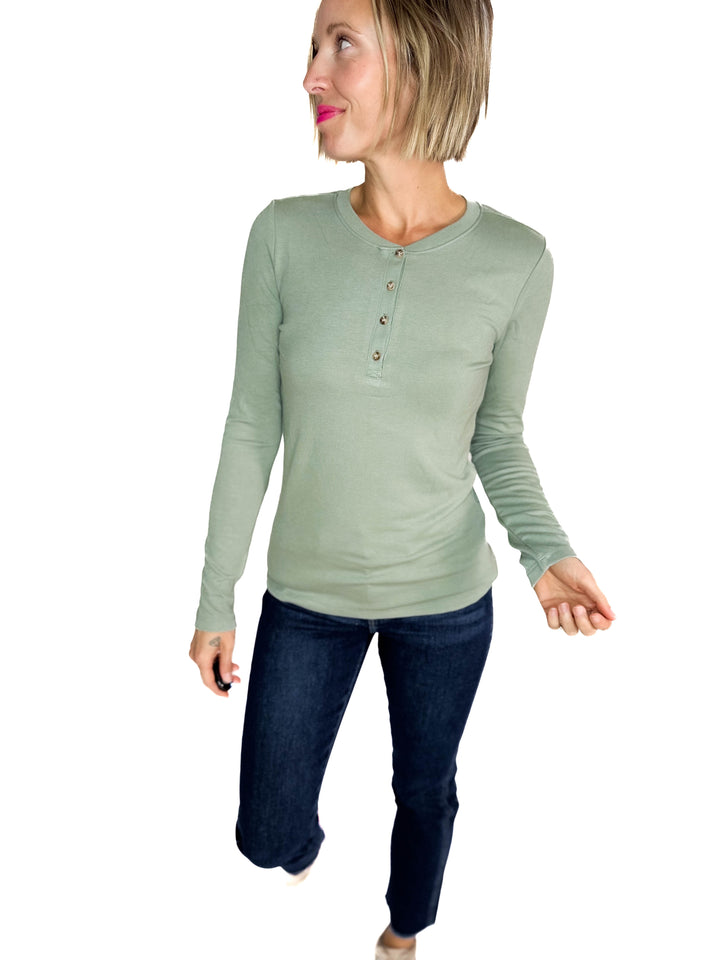 Reign Ultra Soft Basic Long Sleeve Henley- SOFT SAGE