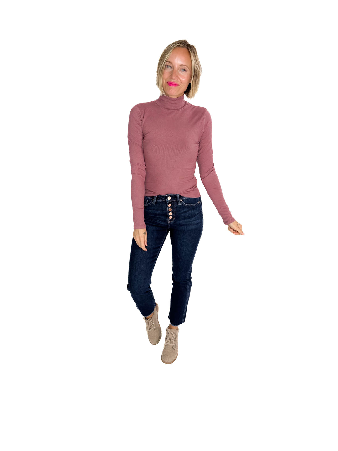 MONO B Linley Ribbed Mock Neck- ROSE TAUPE