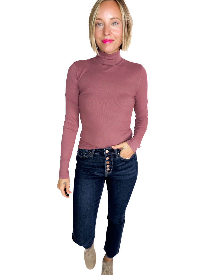 MONO B Linley Ribbed Mock Neck- ROSE TAUPE