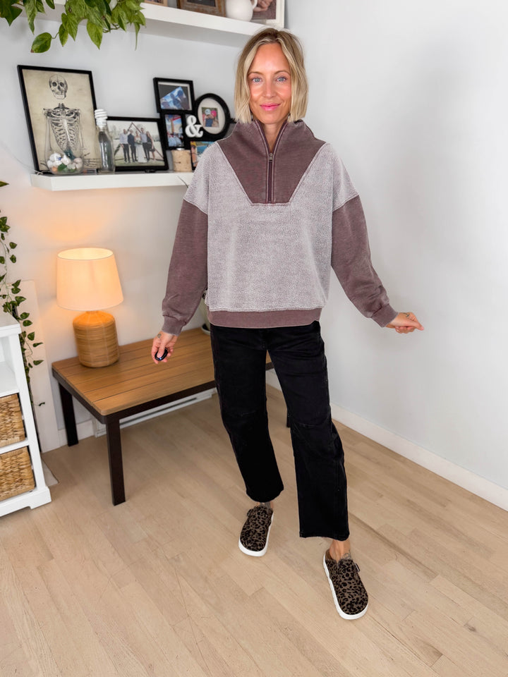 Jordana Mixed Fleece 1/4 Zip Sweatshirt- BROWN