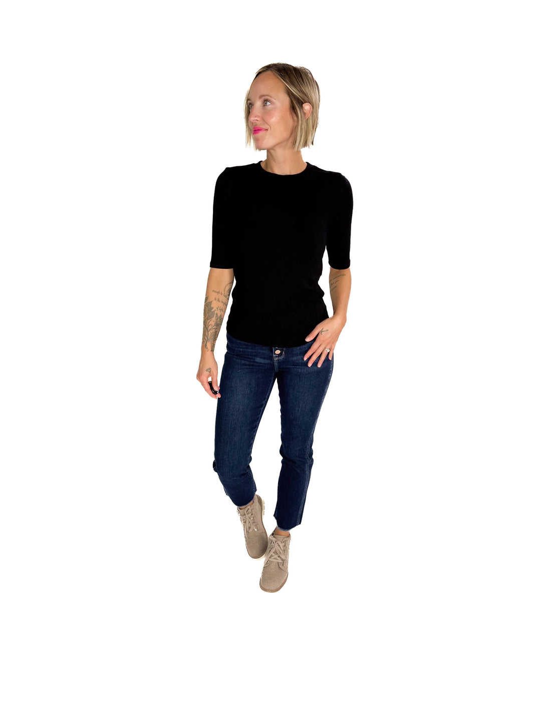 Janelle Soft Classic Ribbed Crewneck 1/2 Sleeve- BLACK