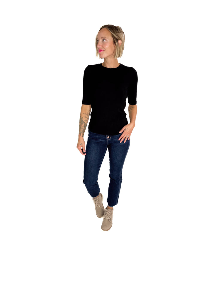 Janelle Soft Classic Ribbed Crewneck 1/2 Sleeve- BLACK