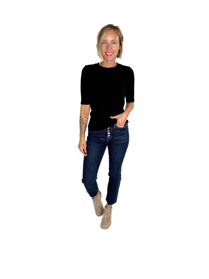 Janelle Soft Classic Ribbed Crewneck 1/2 Sleeve- BLACK