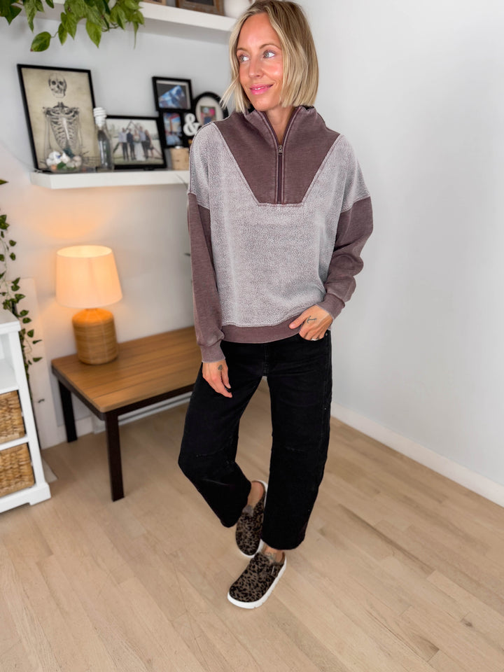 Jordana Mixed Fleece 1/4 Zip Sweatshirt- BROWN