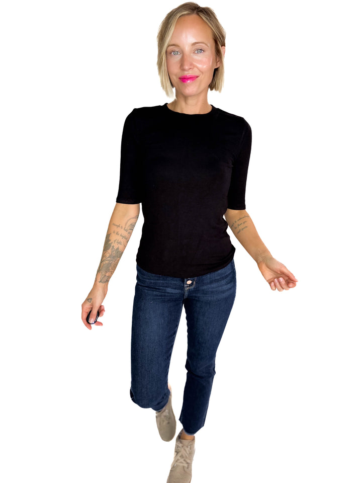 Janelle Soft Classic Ribbed Crewneck 1/2 Sleeve- BLACK