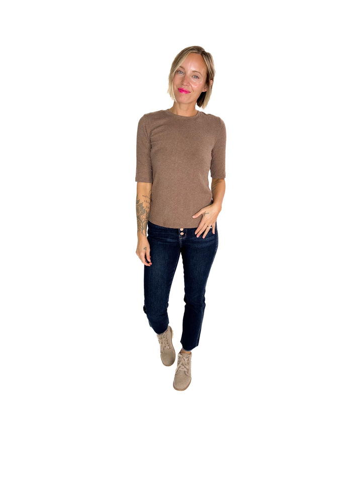 Janelle Soft Classic Ribbed Crewneck 1/2 Sleeve- NUTELLA