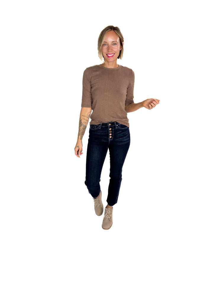 Janelle Soft Classic Ribbed Crewneck 1/2 Sleeve- NUTELLA