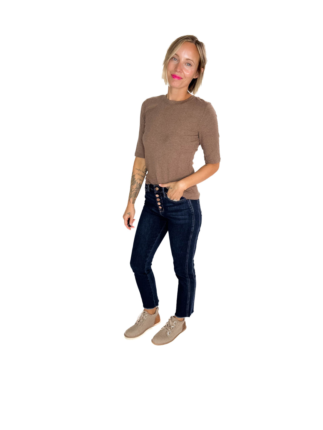 Janelle Soft Classic Ribbed Crewneck 1/2 Sleeve- NUTELLA