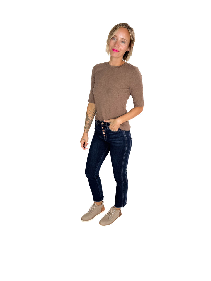 Janelle Soft Classic Ribbed Crewneck 1/2 Sleeve- NUTELLA