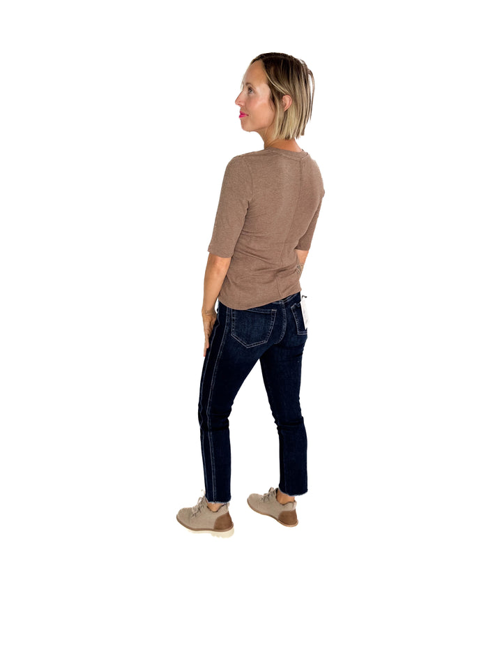 Janelle Soft Classic Ribbed Crewneck 1/2 Sleeve- NUTELLA