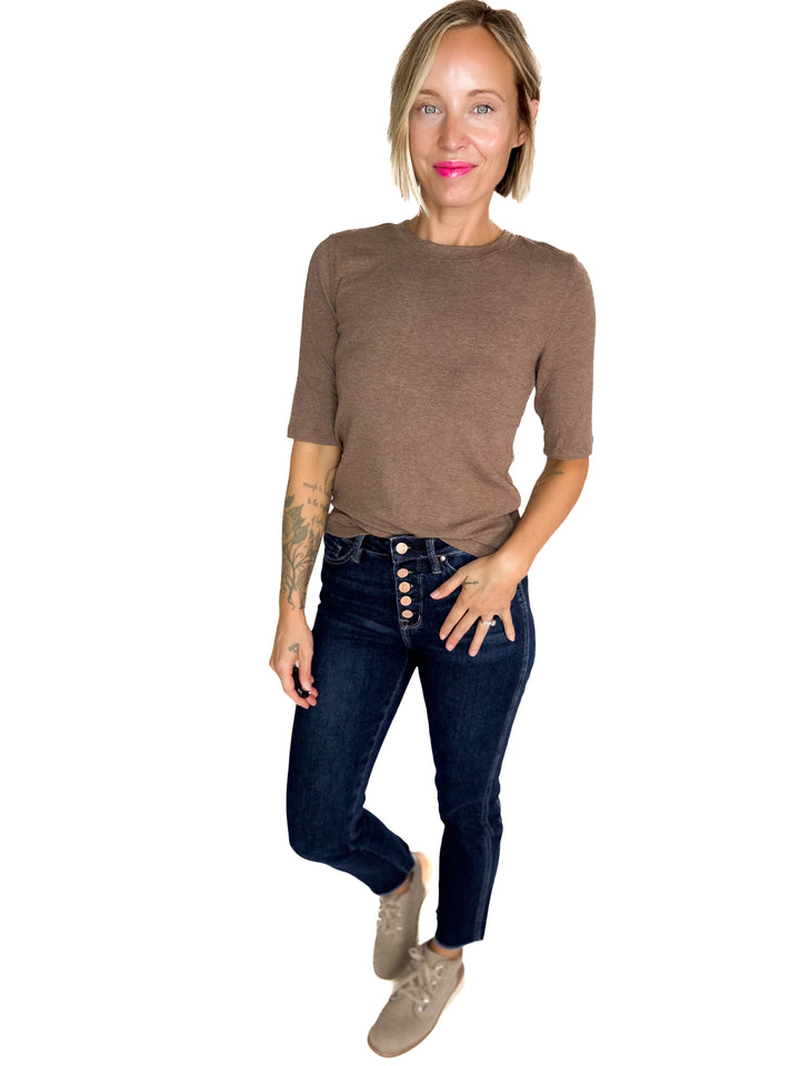 Janelle Soft Classic Ribbed Crewneck 1/2 Sleeve- NUTELLA