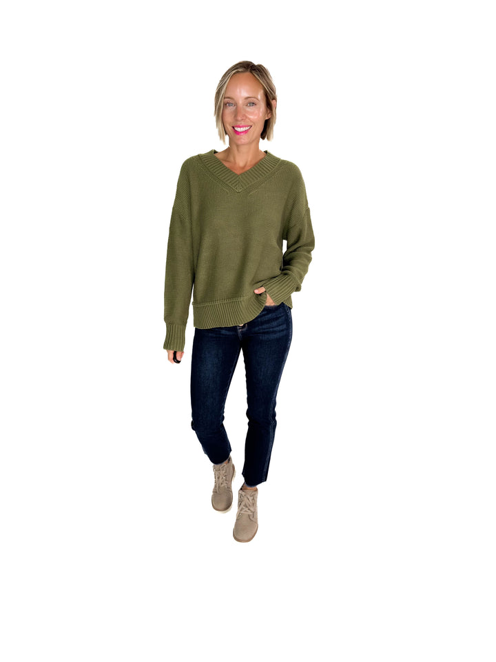 Vienna V-Neck Sweater- OLIVE