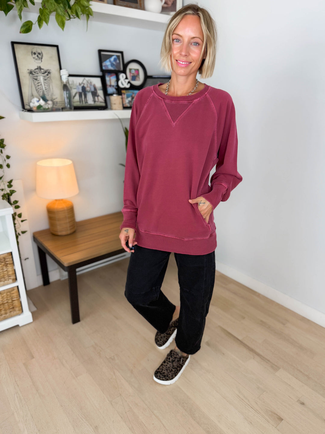 Juliet Washed Tunic Sweatshirt- CABERNET