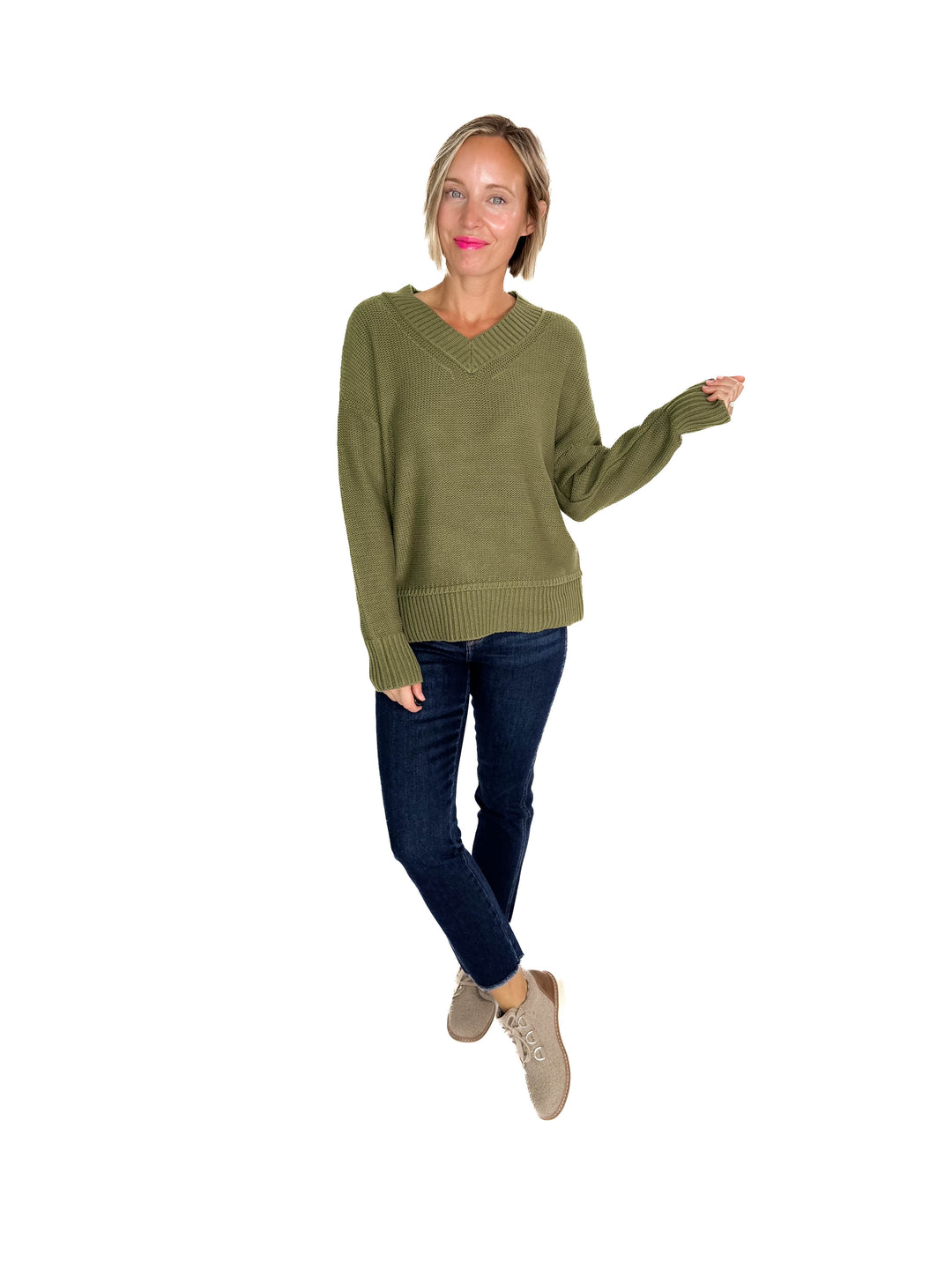 Vienna V-Neck Sweater- OLIVE