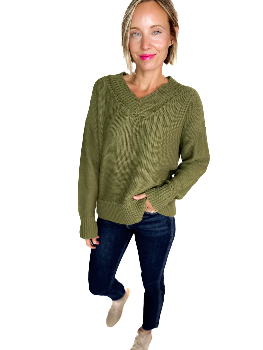 Vienna V-Neck Sweater- OLIVE