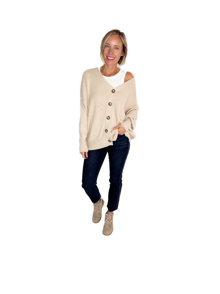 Oli Oversized Cotton Button Down Cardigan- CREAM