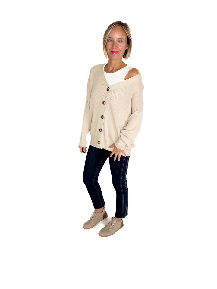 Oli Oversized Cotton Button Down Cardigan- CREAM