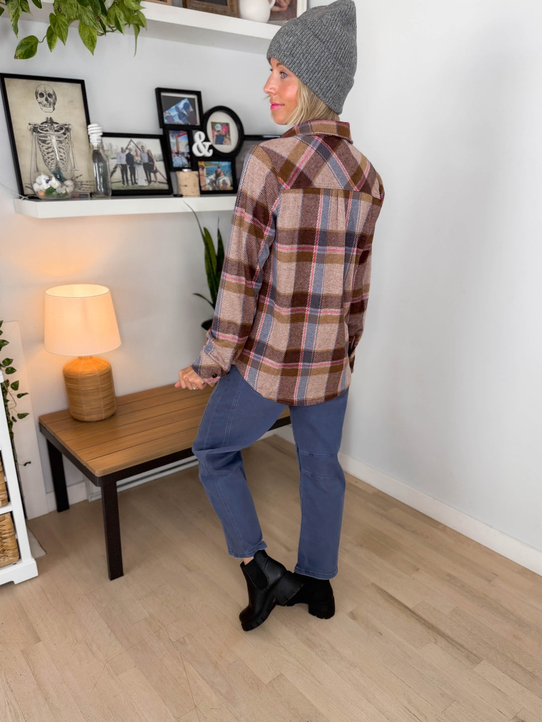 Arabella Plaid Button Up Shacket- BROWN/BLUE/PINK