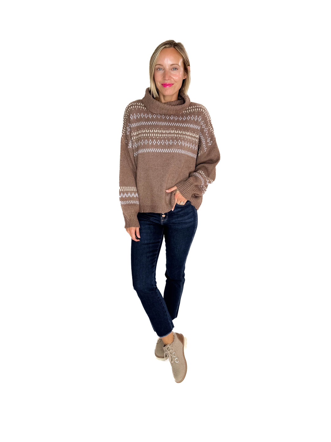 Hollye Cowl Neck Sweater Top- BROWN