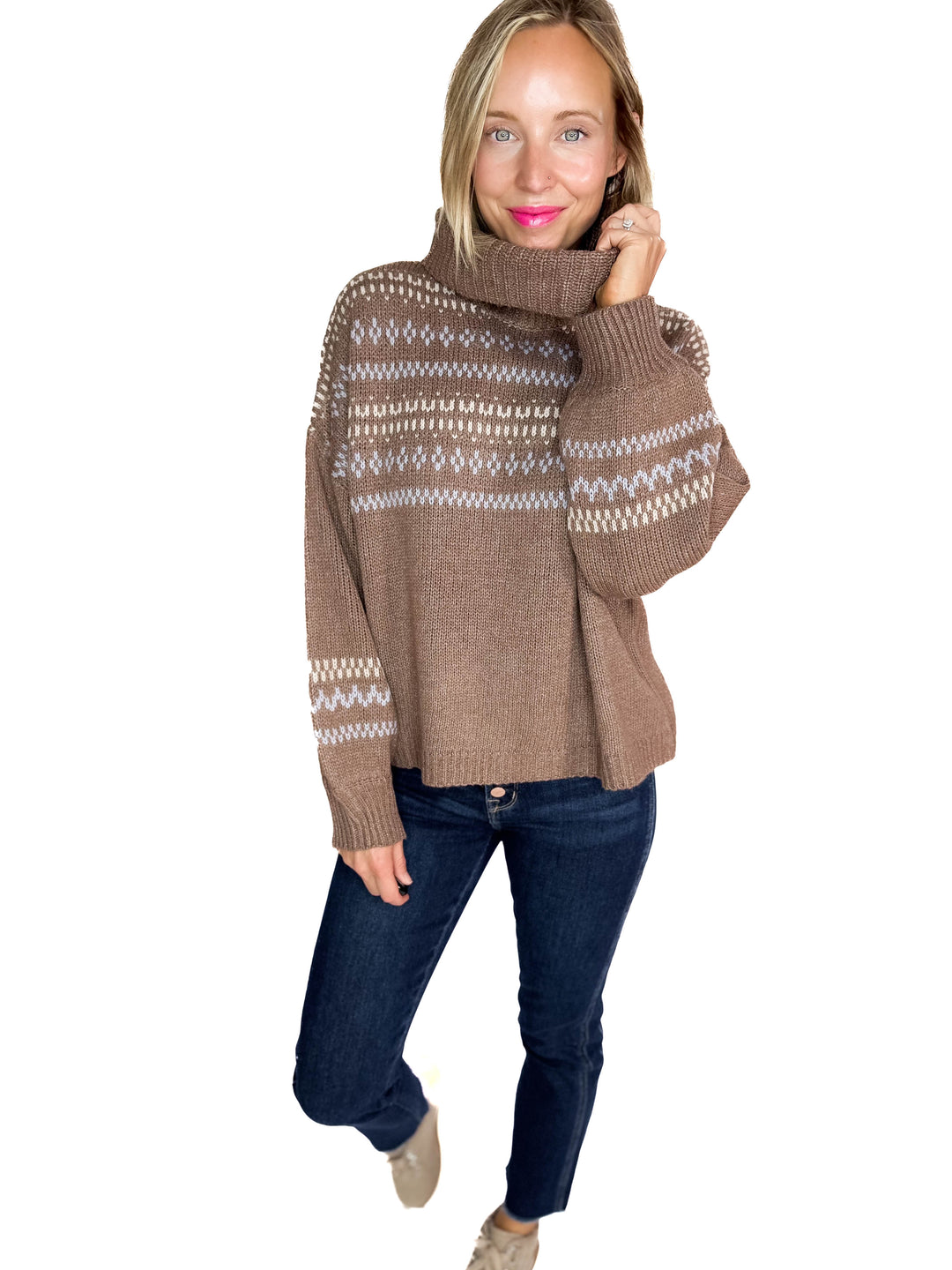 Hollye Cowl Neck Sweater Top- BROWN