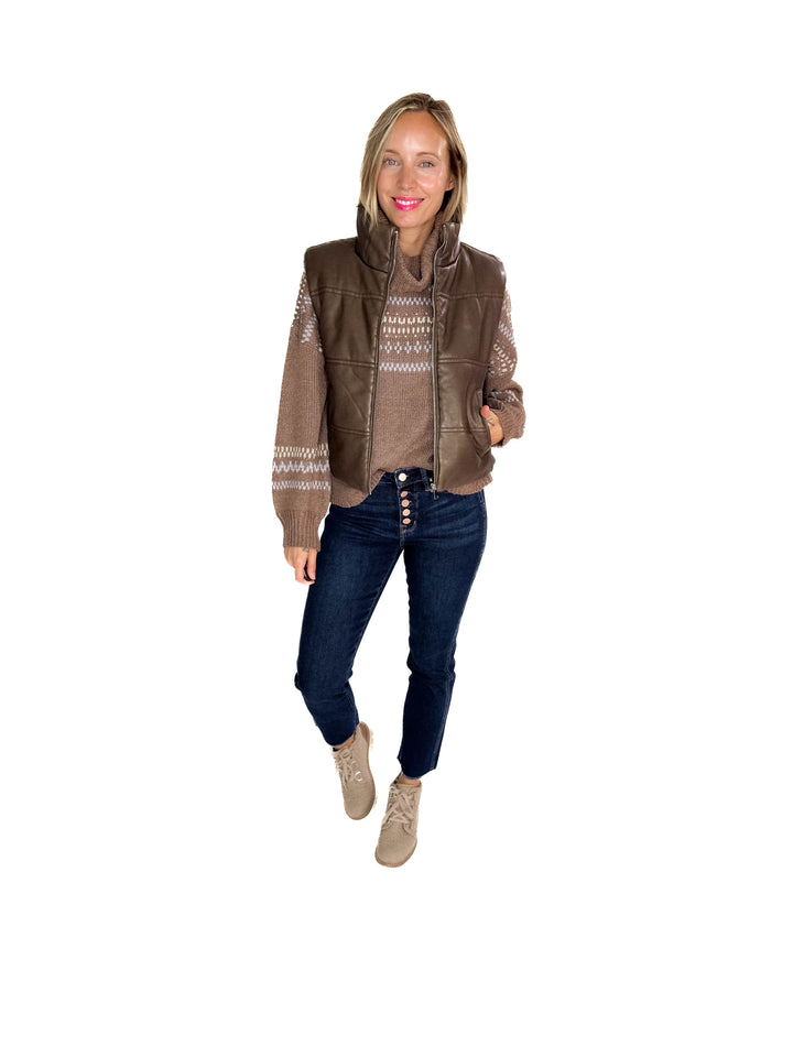 Vivianna Leather Look Puffer Vest- BROWN