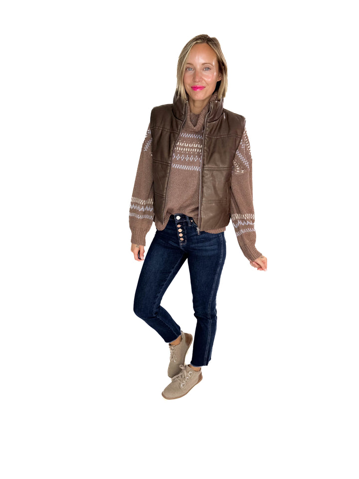 Vivianna Leather Look Puffer Vest- BROWN