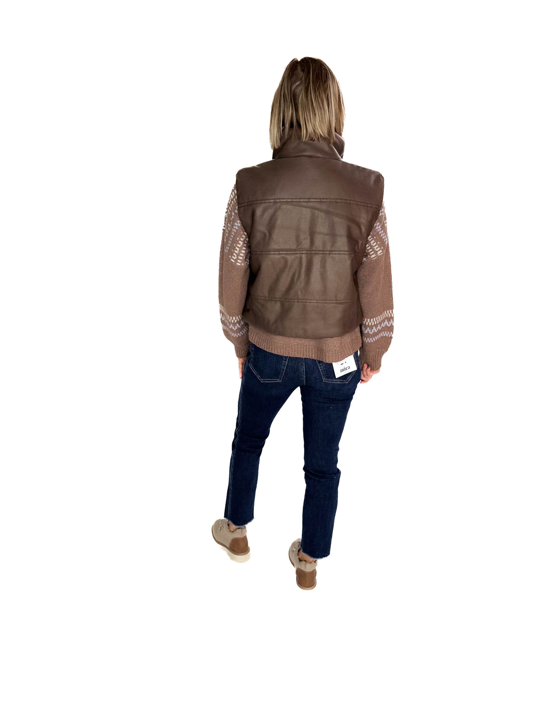Vivianna Leather Look Puffer Vest- BROWN