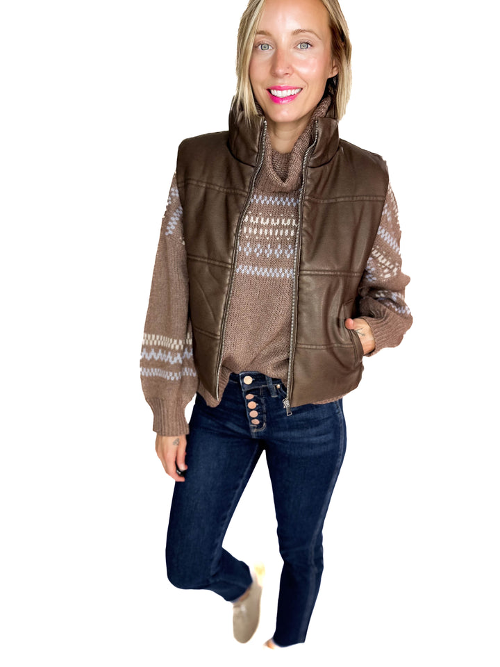 Vivianna Leather Look Puffer Vest- BROWN