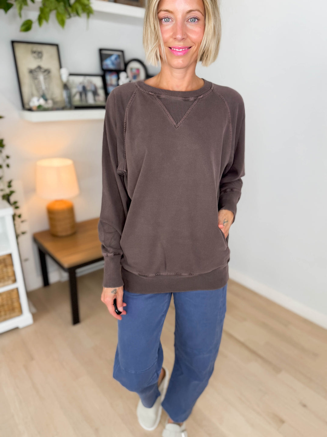 Juliet Washed Tunic Sweatshirt- CHOCOLATE