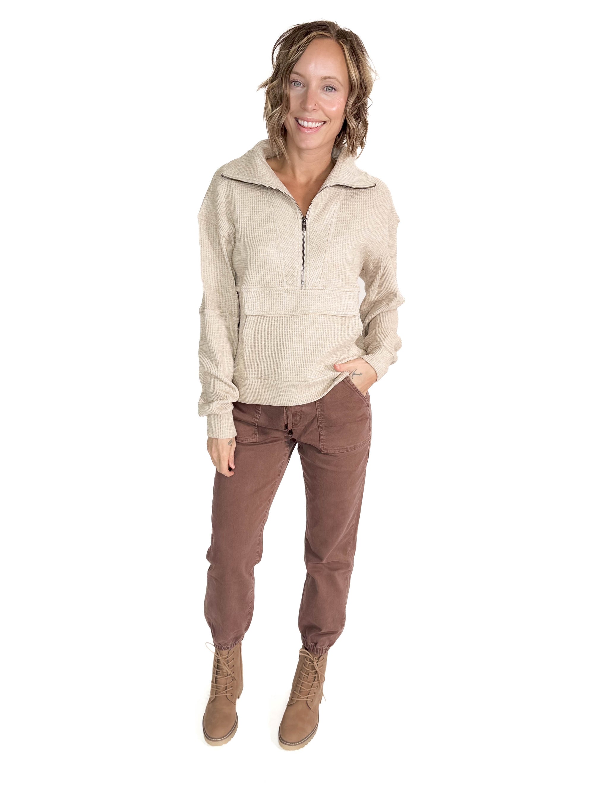 Alexis Soft Waffle Half Zip Sweatshirt- OATMEAL WHEAT