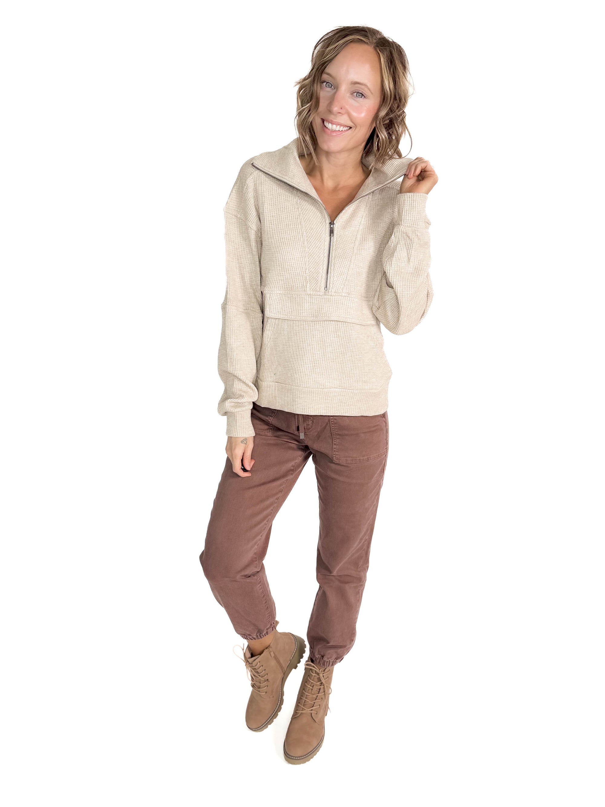 Alexis Soft Waffle Half Zip Sweatshirt- OATMEAL WHEAT