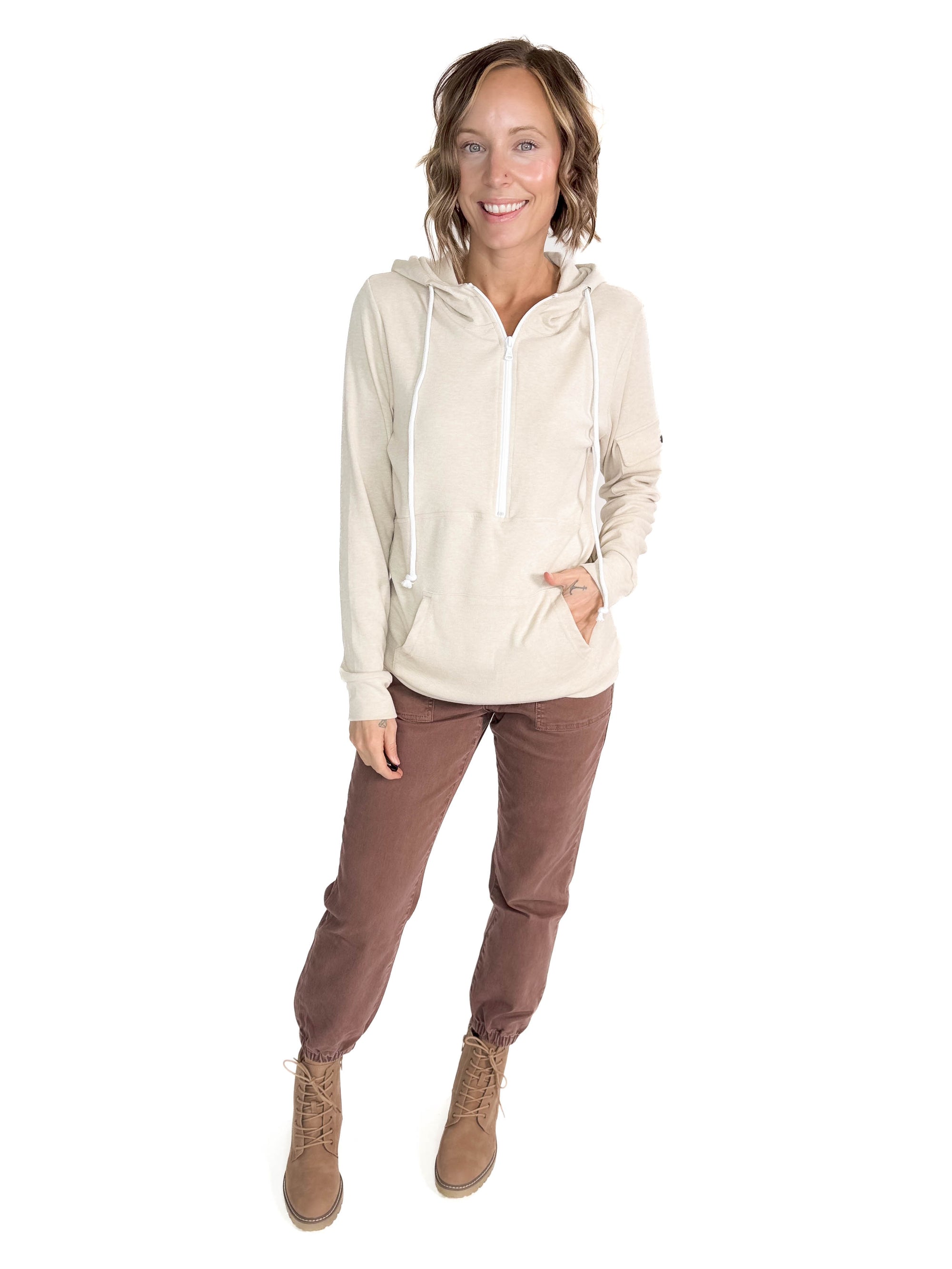 Pixie Pocket Halfzip Hoodie- OATMEAL