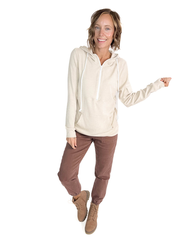MICHELLE MAE Pixie Pocket Halfzip Hoodie- OATMEAL-FINAL SALE