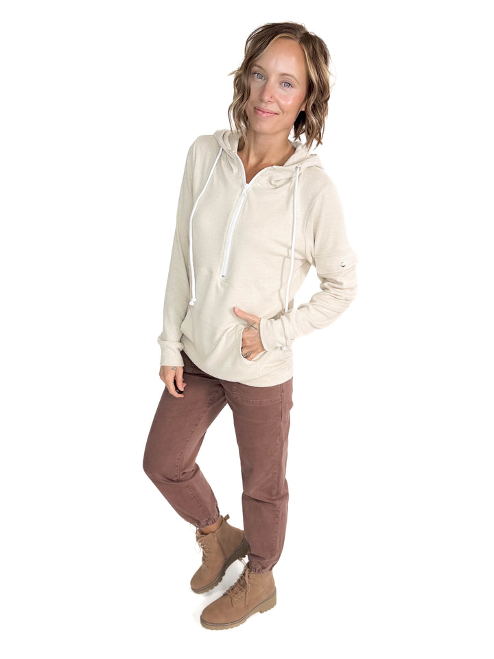 MICHELLE MAE Pixie Pocket Halfzip Hoodie- OATMEAL-FINAL SALE