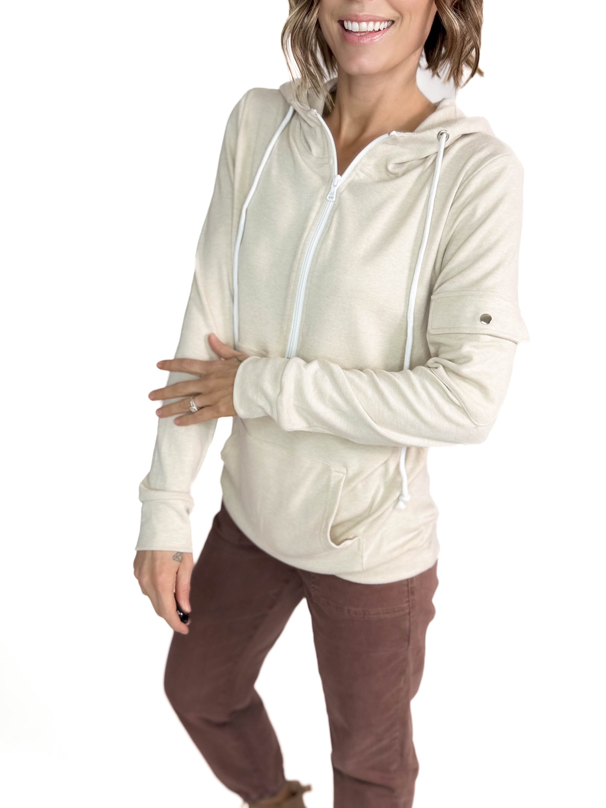 Pixie Pocket Halfzip Hoodie- OATMEAL