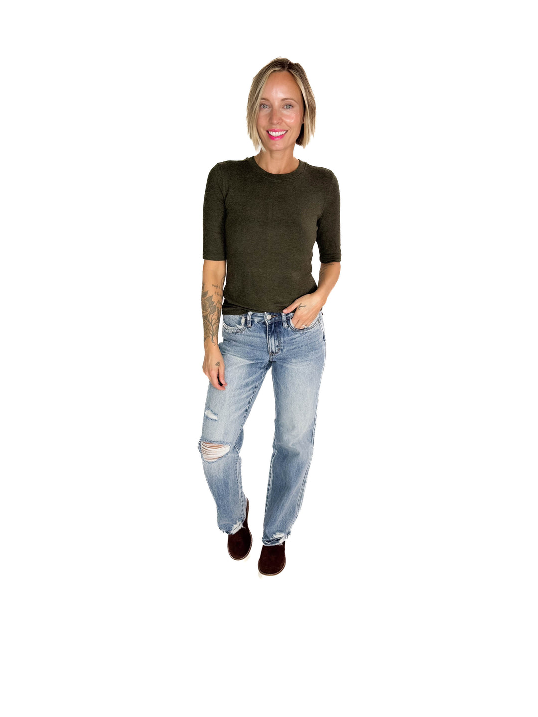 Janelle Soft Classic Ribbed Crewneck 1/2 Sleeve- WINTER FOREST