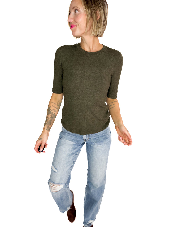 Janelle Soft Classic Ribbed Crewneck 1/2 Sleeve- WINTER FOREST
