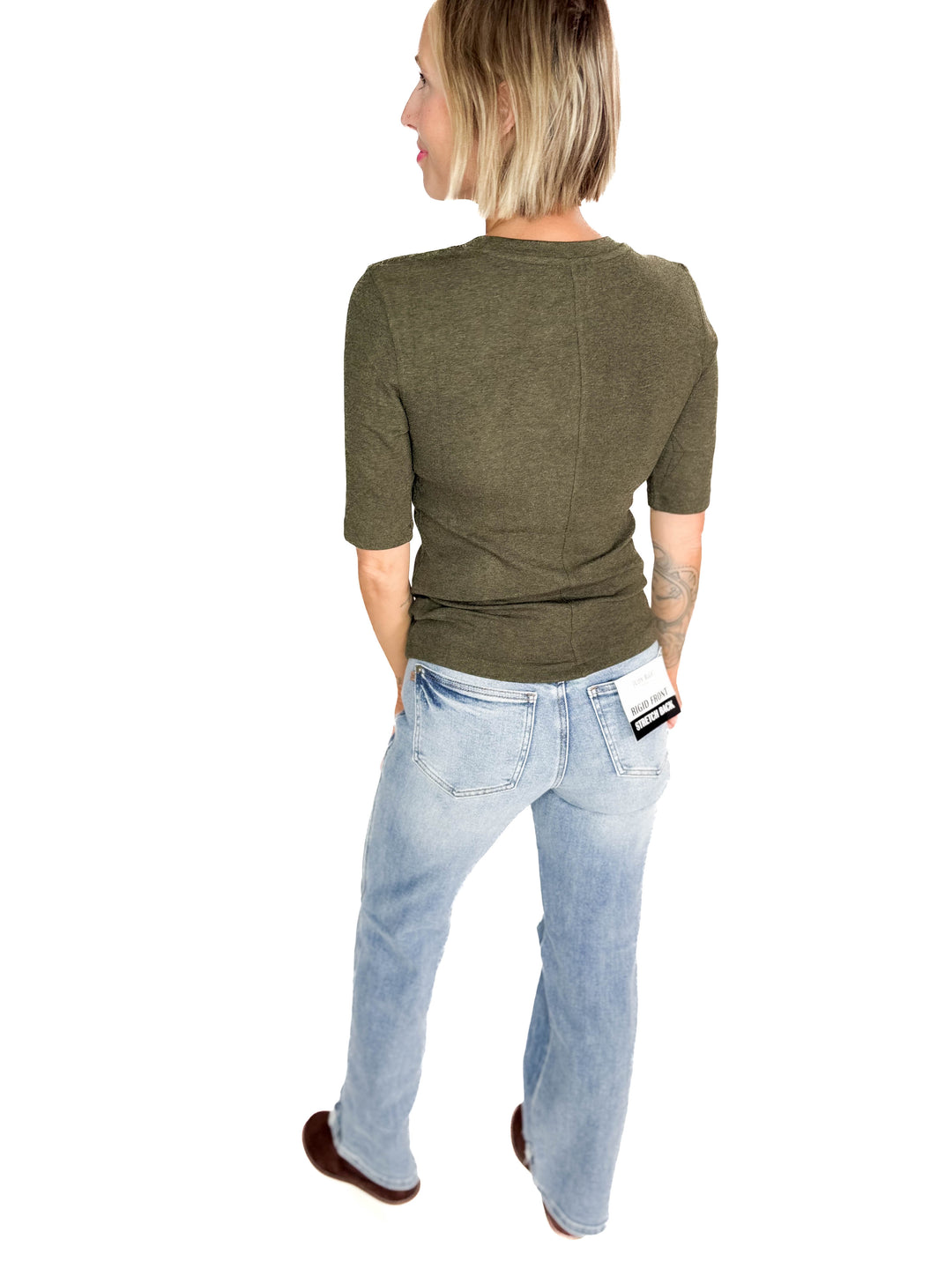 Janelle Soft Classic Ribbed Crewneck 1/2 Sleeve- WINTER FOREST