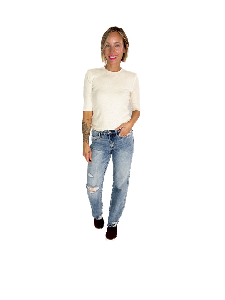 Janelle Soft Classic Ribbed Crewneck 1/2 Sleeve- OATMEAL