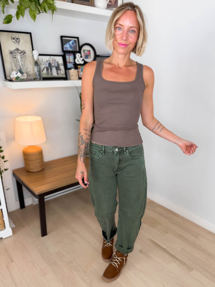 Mono B Billie Square Neck Micro RIbbed Tank Top- TRUFFLE