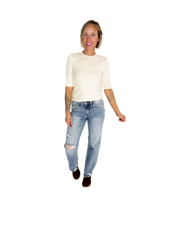 Janelle Soft Classic Ribbed Crewneck 1/2 Sleeve- OATMEAL