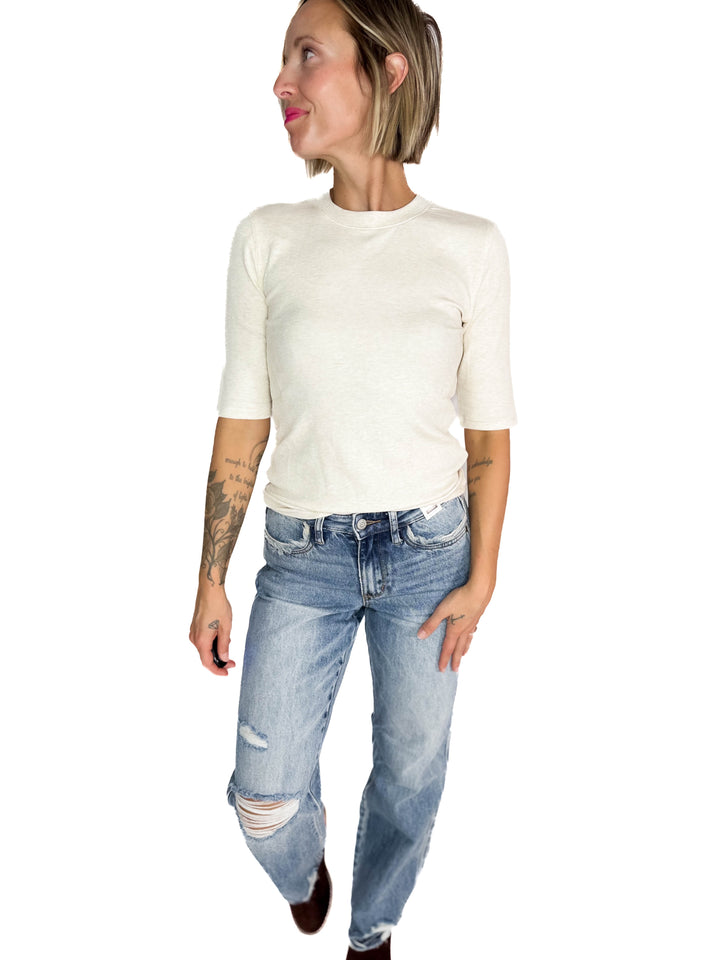 Janelle Soft Classic Ribbed Crewneck 1/2 Sleeve- OATMEAL