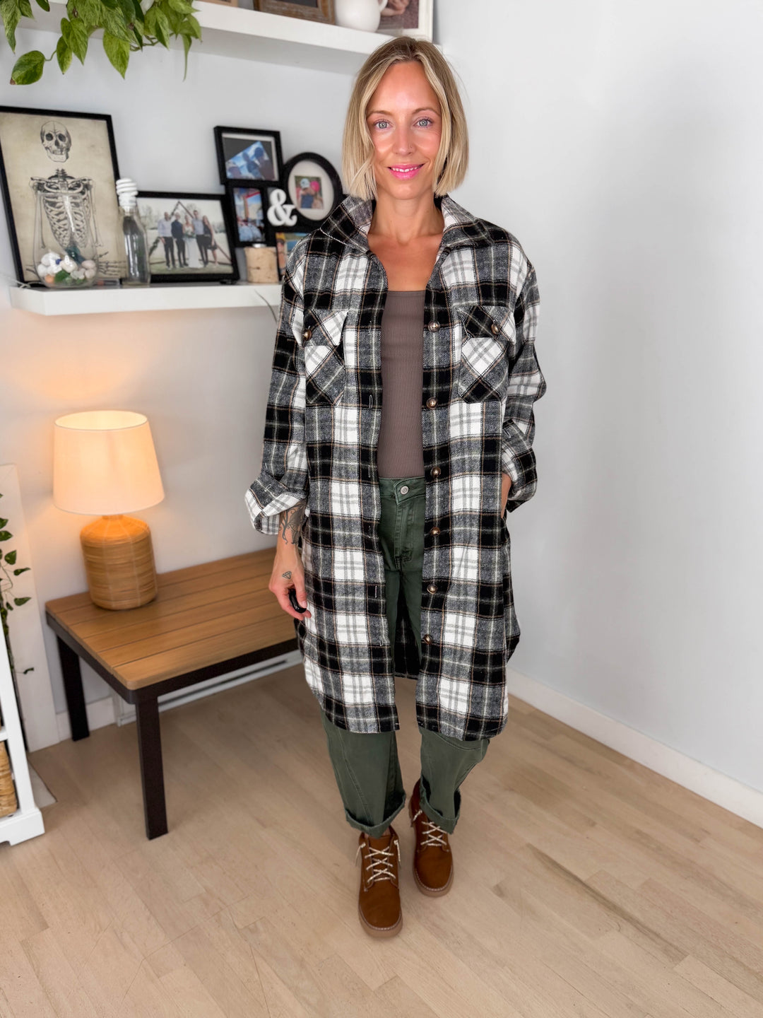 Out West Plaid Flannel Shacket- BLACK/OLIVE MUTLI